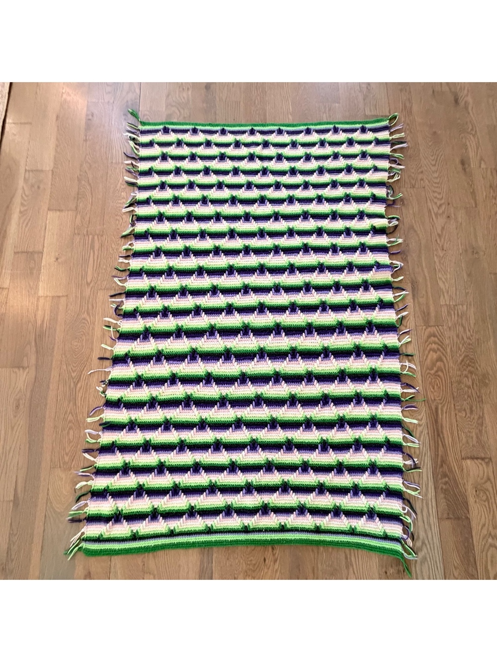 Vintage Handmade Crochet Afghan Blanket 48x60 Green Purple Pink 3D Textured